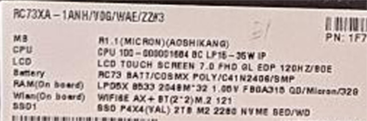 Especificações do ROG Ally 2 RC73XA. (Fonte da imagem: via @94G8LA)
