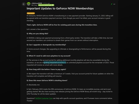 Postagem de atualização do Reddit da Nvidia GeForce Now (Fonte da imagem: GeForce Now Reddit)